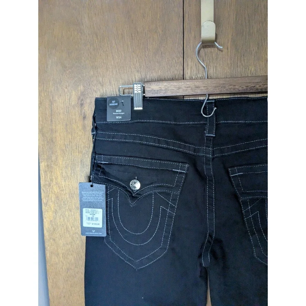 NWT True Religion Ricky Flap Pocket Relaxed Straight Rinse Black Jeans 34x32